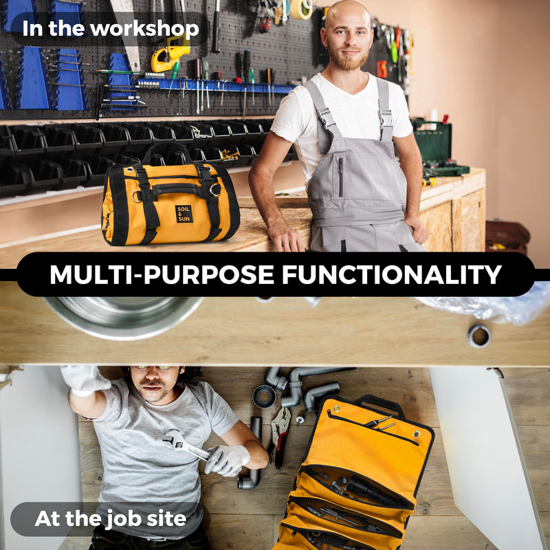 Soil & Sun Heavy Duty Tool Roll Bag Organizer - Travel roll up tool bag with 6 Zip Organizer Pouches - Compact Portable Tool Bags for Men, Contractors, Plumbers, Electricians - Man Gifts for Dad