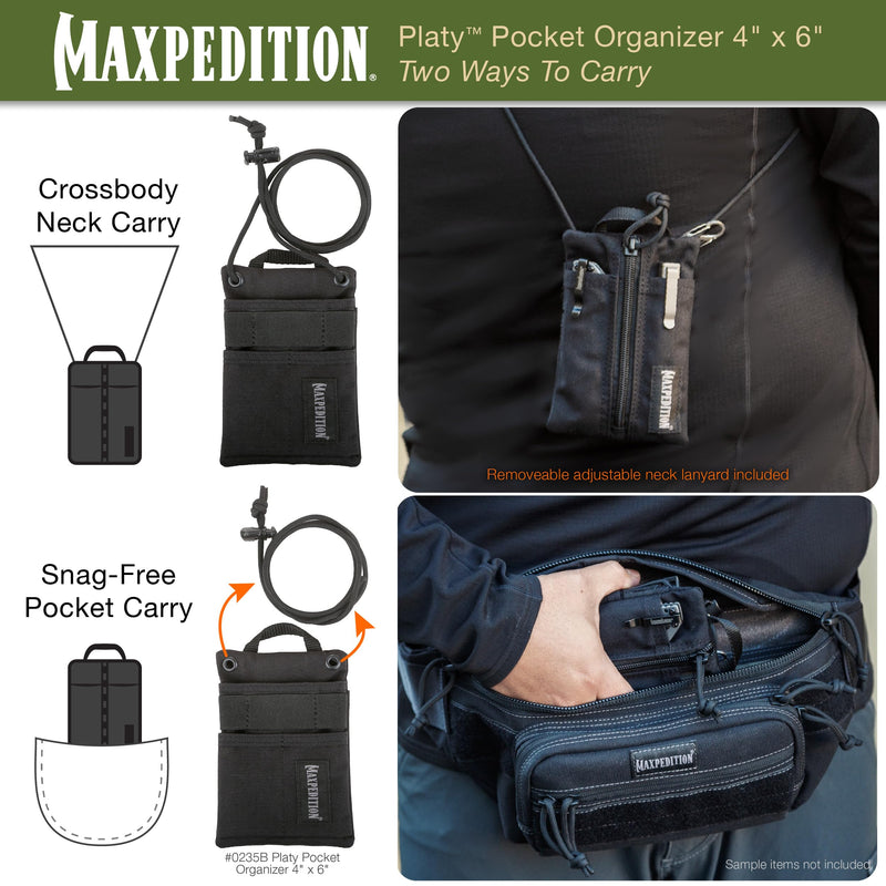 MAXPEDITION Platy Pocket Organizer, Durable EDC Tool Pouch for Men, Neck Wallet with Paracord Lanyard, Holds Flashlight, Multitool, Pen, Notebook Black 4" x 6"