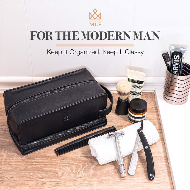 Mens Leather Toiletry Bag – Travel Dopp Kit, Shaving Bag, Grooming & Hygiene Organizer, Leather Toiletry Bag for Men, Gift for Him Midnight Black 2 - Compartment