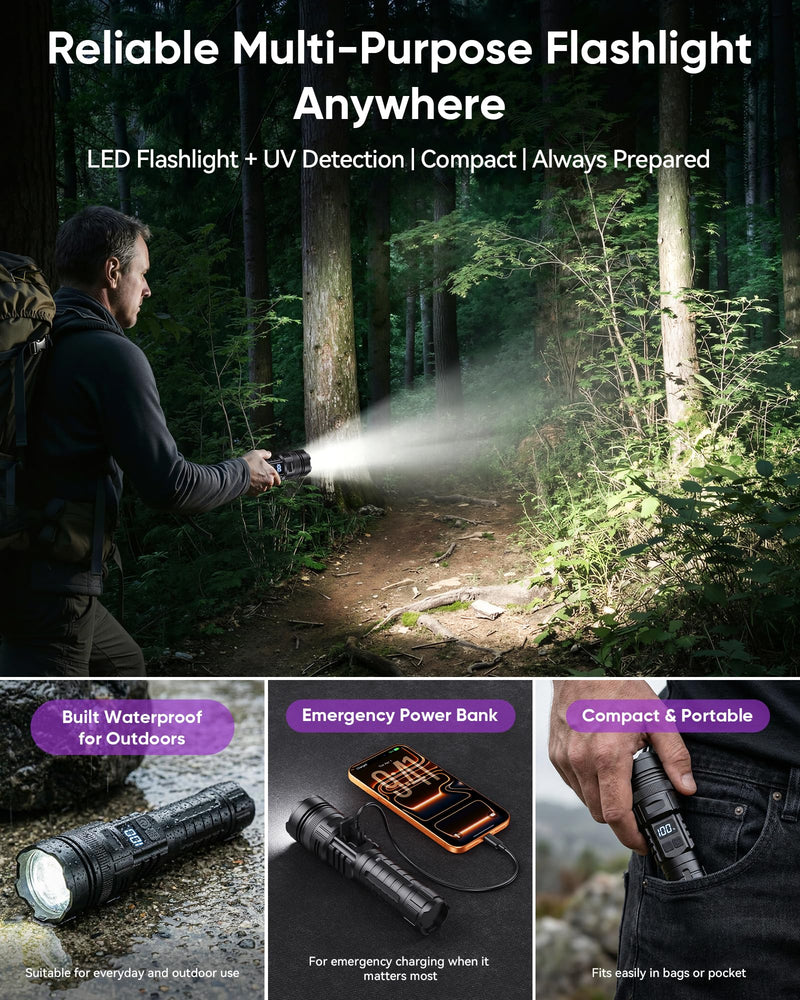 Flashlight Rechargeable with UV Light and White Light, 365NM Blacklight and High lumens White Light with LCD Display, Zoomable 6 Modes for Memory Function, for Pet Urine Detection, Camping, Emergency