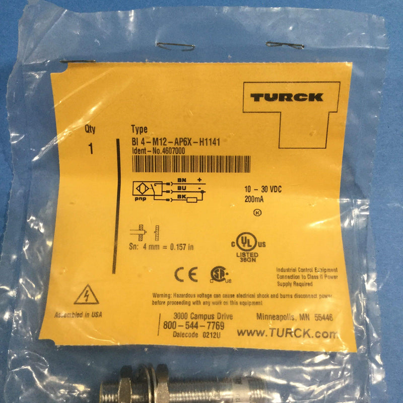 TURCK BI4-M12-AP6X-H1141 (4607000), 1 LED, 10-30 VDC, 12 MM SIZE, 4 MM RANGE, 4 PIN, EMBEDDABLE, INDUCTIVE, M12 EUROFAST MALE, NORMALLY OPEN, PARTIAL THREAD, PNP (SOURCING), SENSOR, STANDARD, STRAIGHT