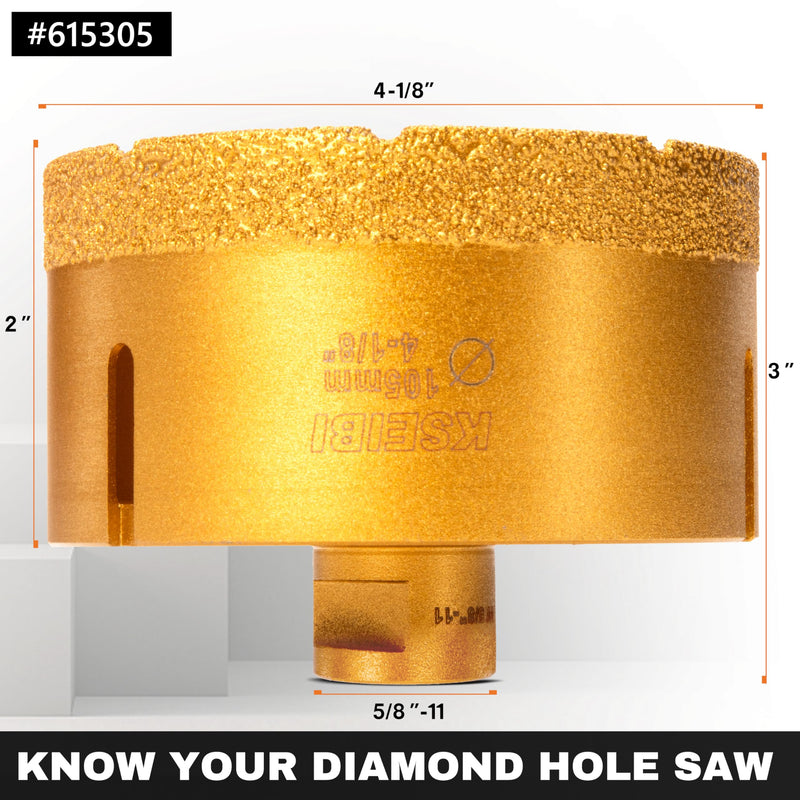 KSEIBI 615305 Diamond Hole Saw, 4-1/8 Inch (105mm) Diamond Core Drill Bit for Porcelain, Ceramic, Granite Drill Bits, Brick, Marble, Dry Cutting, 2" Drilling Depth, 5/8"-11 Thread, for Angle Grinder 4-1/8” (105MM) Vacum Brazed