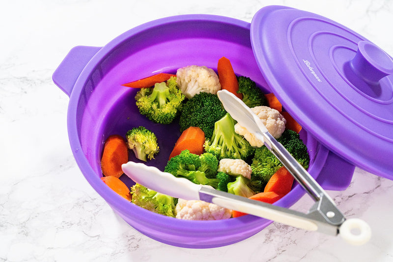 Bakerpan Collapsible Silicone Microwave Vegetable Steamer with Lid - 64 oz Silicone Steamer Pot for Cooking, Steaming & Reheating Food - BPA-Free, Dishwasher Safe 1900 ml