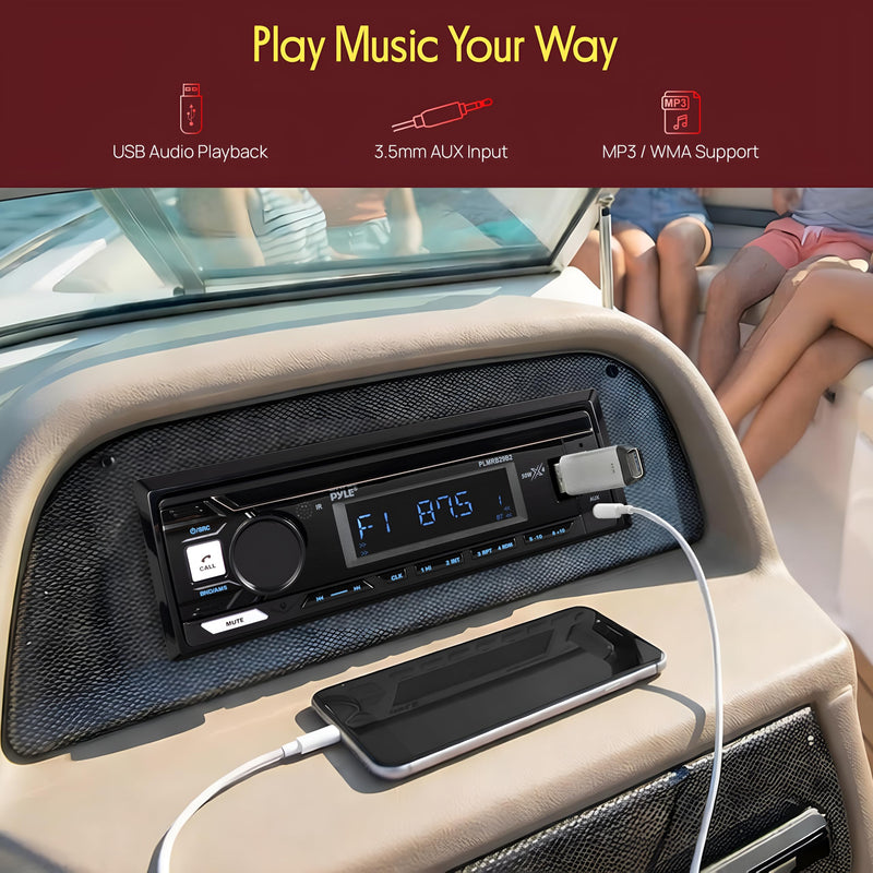 Pyle Marine Bluetooth Stereo Radio - 12v Single DIN Style Boat In dash Radio Receiver System with Built-in Mic, Digital LCD, RCA, MP3, USB, AM FM Radio - Remote Control - PLMRB29B (Black) Black