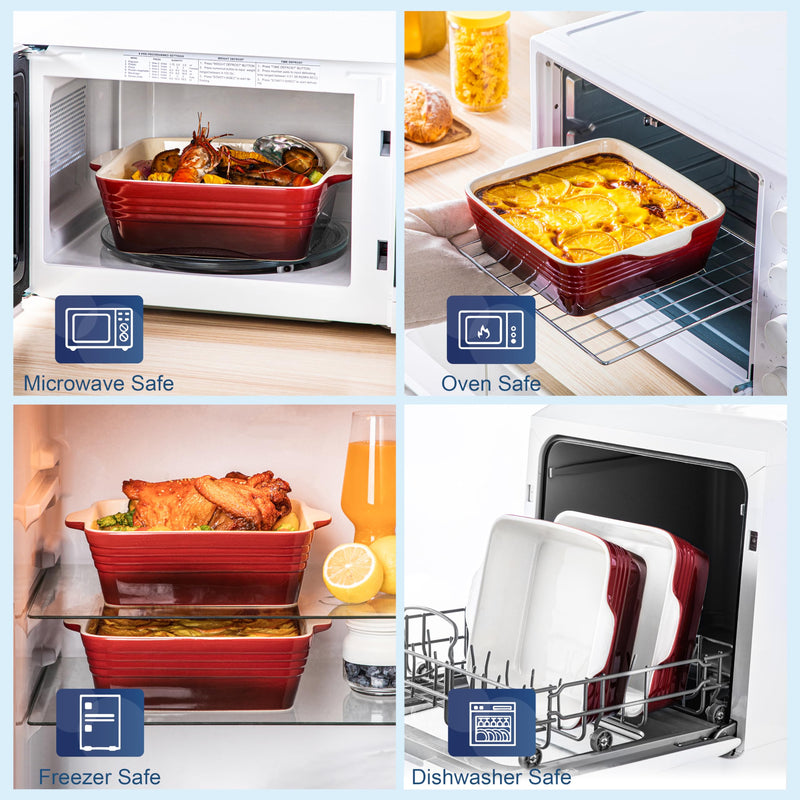LOVECASA 8x8 inch Baking Pan, 2 Quart Square Cake Pan Baking Dish for Oven, Stoneware Brownie Pan Non-Stick, Casserole Baking Pan with Handle,Ceramic Bread Pans for Baking, Red Square/Red
