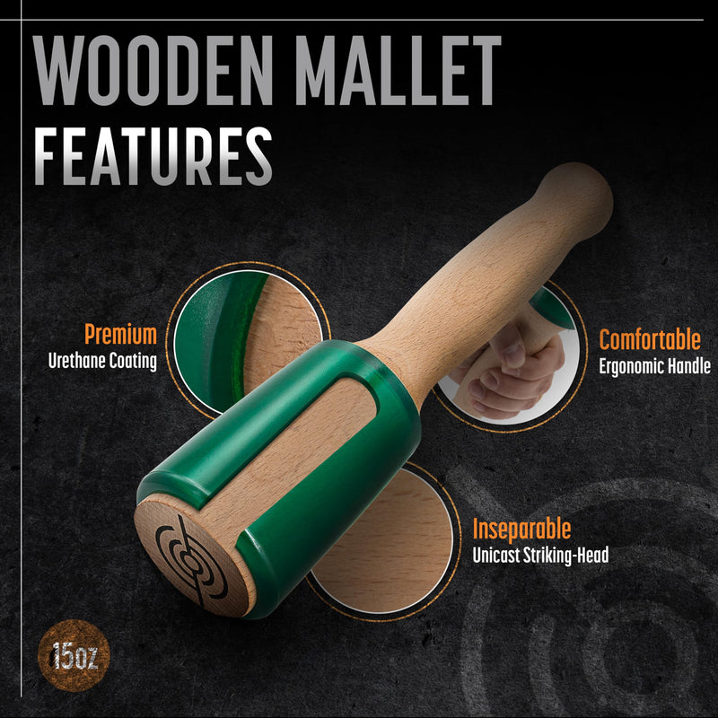 Precision Wood Carving Mallet 15oz for Woodworking, Comfortable Wooden Handle Reduces Hand Fatigue, Non-Marring Urethane Head Protects Tools, Chisel Hammer from Schaaf Tools Green Medium
