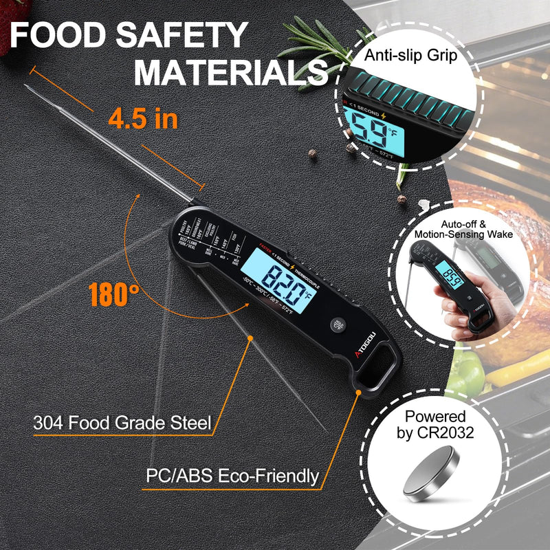 Professional Food & Meat Thermometer, 1 Sec Instant Read & ±0.5℉ Accuracy Driven by Thermocouple Sensor. IP67 Waterproof Digital Thermometer for Cooking, BBQ, Grill Gifts for Men Him Dad Birthday Black