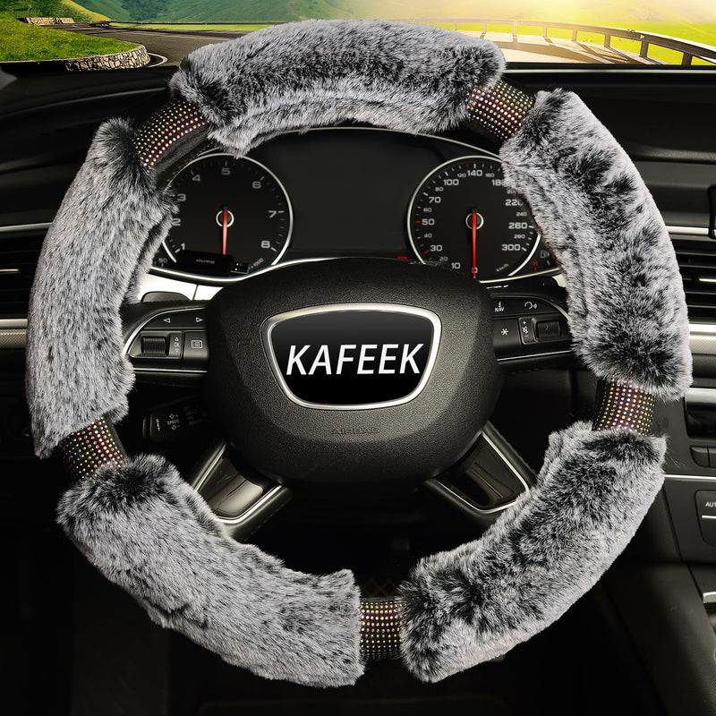 KAFEEK Diamond Fluffy Microfiber Plush Steering Wheel Cover with Bling Bling Crystal Rhinestones for Winter Warm, Universal 15 inch Fuzzy Steering Wheel Cover,Gray gray