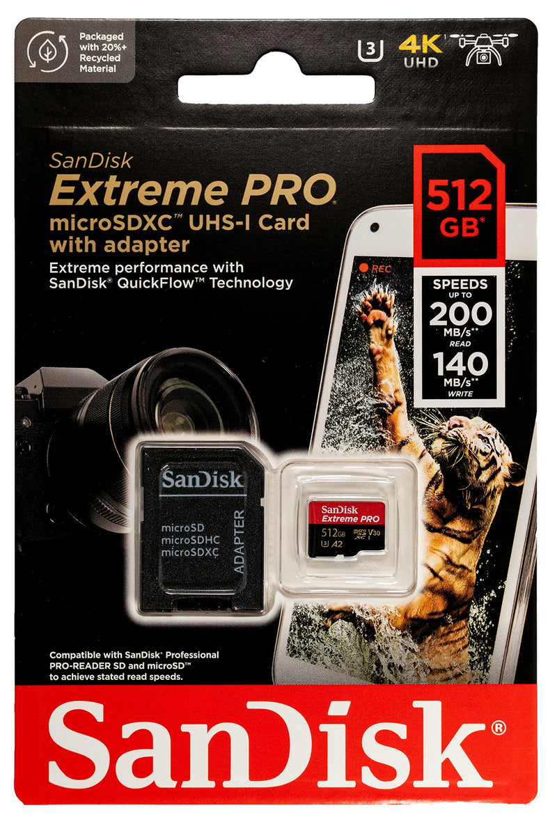 SanDisk 512GB MicroSDXC Card Extreme Pro Compatible with DJI Avata 2, Mini 4K Drones (SDSQXCD-512G-GN6MA) with Read Speed up to 200 MB/s Bundle with 1 Everything But Stromboli MicroSD Card Reader