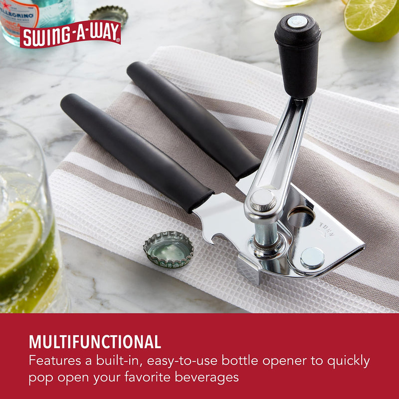 Swing-A-Way Easy-Crank Can Opener with Folding Crank Handle, Manual Hand Held and Sharp Blade, Stainless Steel, Easy Turn Knob, Basic Kitchen Essentials, For all Can Sizes (Black)