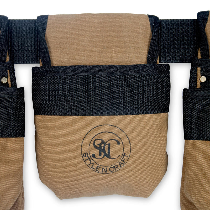Style n Craft 4-Piece and 12-Pocket Carpenter’s Tool Combo, Tool Belt with 2 Tool Pouches, 1 Tape Measure Pocket, and 2 Metal Hammer Holders, Waterproof Canvas Tool Belt, Brown (97425) 4 pc 12 pocket carpenter's combo - canvas