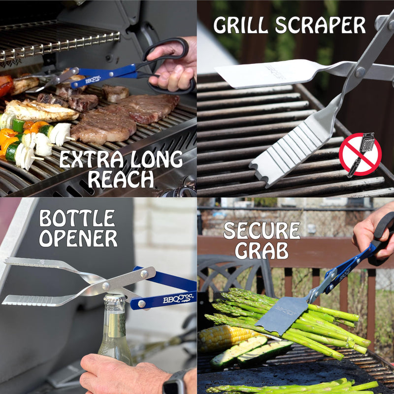 BBQ Croc 3 in 1 Barbecue Tool 18-inch - Lightweight and Long Tongs, Spatula and Grill Scraper (Blue) (18 inch Without Flashlight) 18 inch Without Flashlight