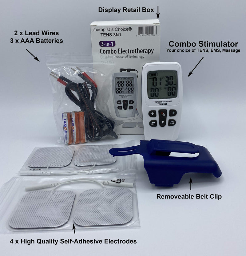 Therapist’s Choice® TENS3N1 Dual Channel, Digital Combo with TENS, EMS and Massage with Accessories, White