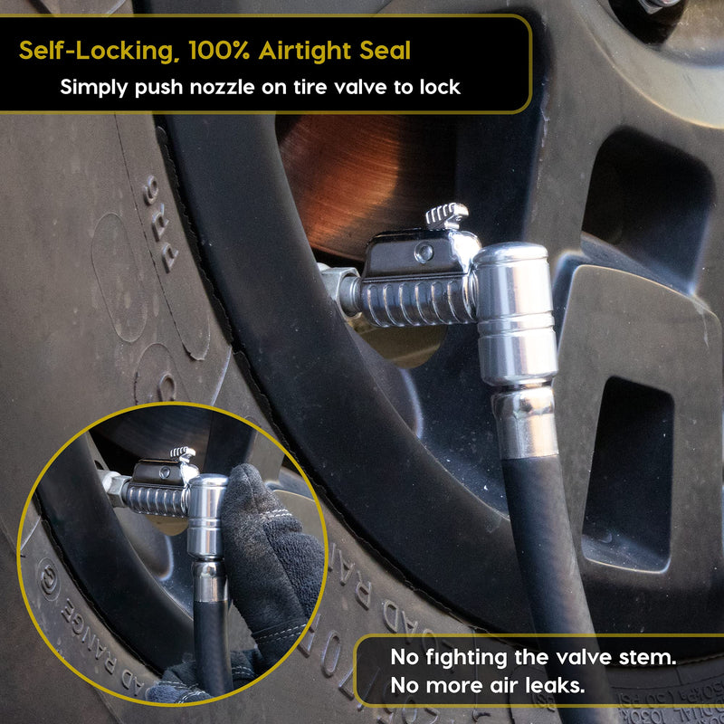 JACO Lightning L2X Quick-Connect Tire Inflator Air Chuck Extension (Locking Adapter) | Patented Lock-on Compressor Hose Attachment (Open Flow) 90 Degree Head