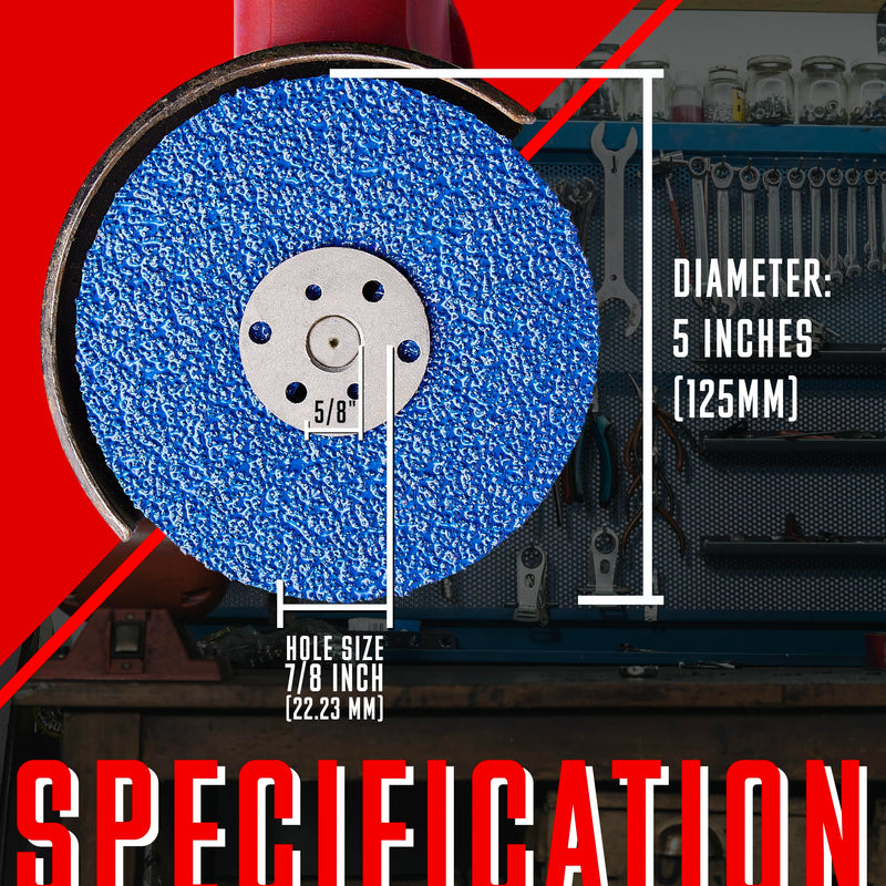 Zirconia Resin Fiber Sanding and Grinding Discs for Angle Grinder, 5” x 7/8”, 60 Grit, 25-Pack + Backing Pad + Lock Nut 60.0