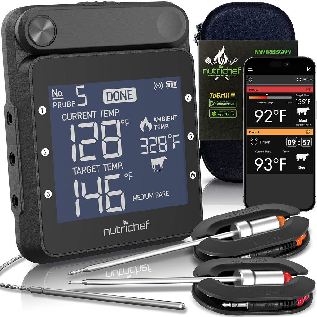 NutriChef Smart BBQ Thermometer - Rechargeable Dual Probe System with WiFi & Bluetooth for Precise Grilling, Easy-to-Read Digital Display, Compatible with Any Smartphone for Outdoor Barbecue & Smoker Wifi Black