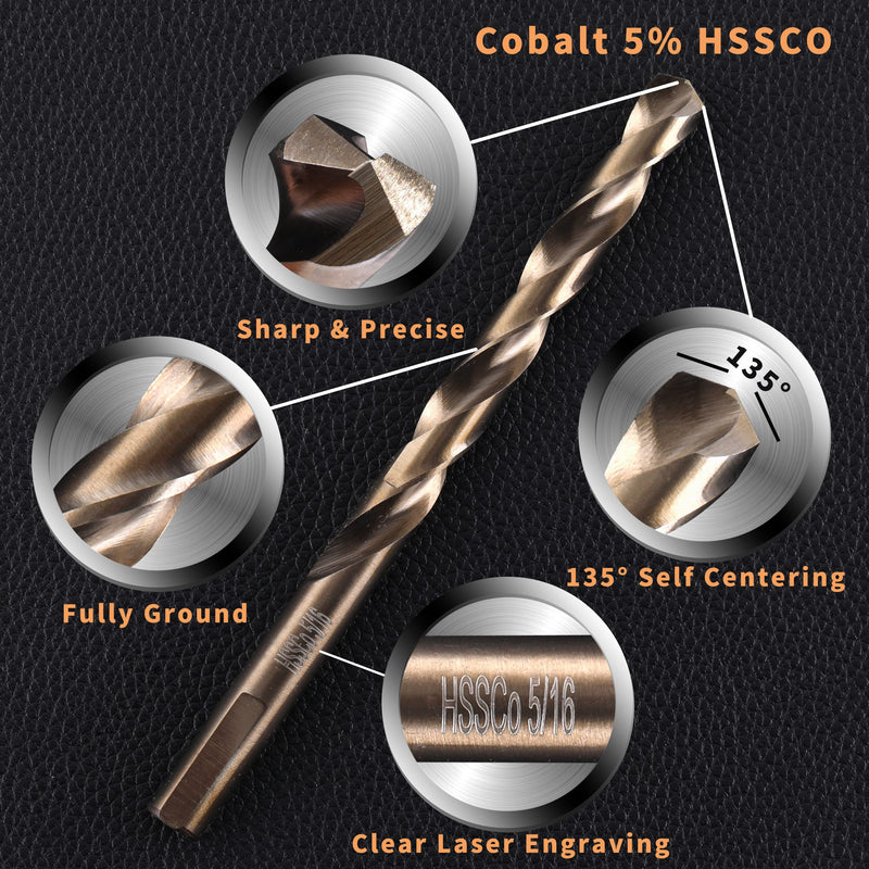 (10PCS) 5/16" Cobalt Drill Bit, HSS M35 Metal Drill Bits for Steel, Stainless Steel, Cast Iron, Hard Plastic and Wood 5/16 10PCS Cobalt