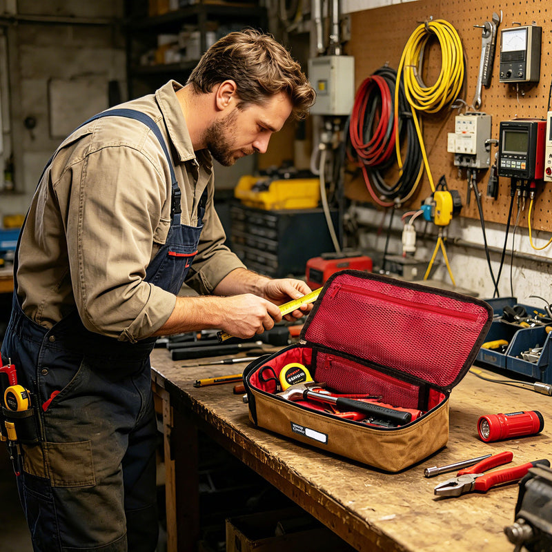 Rough Enough Small Tool Bag for Electricians, 11.5" Double-Waxed Canvas Water-Repellent Organizer, YKK Zipper, Foam Padding, Detachable Mesh Pouch, 3L Capacity, 4-in-1 Carry, Brown