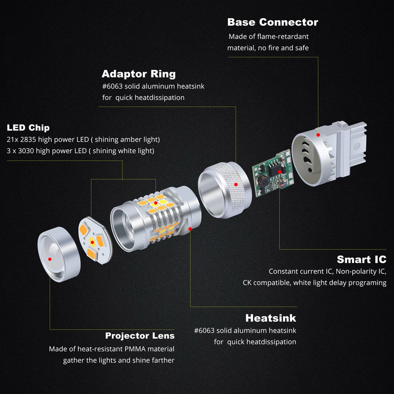 Alla Lighting T25 3457 3157 Switchback LED Turn Signal Lights Dual Color 6000K White/Amber Yellow 12V 4157NAK 3457AK 4057 3057 3757AK 5702AK 4157AK Extremely Super Bright 2835 28-SMD Upgrade T25/3157/3457