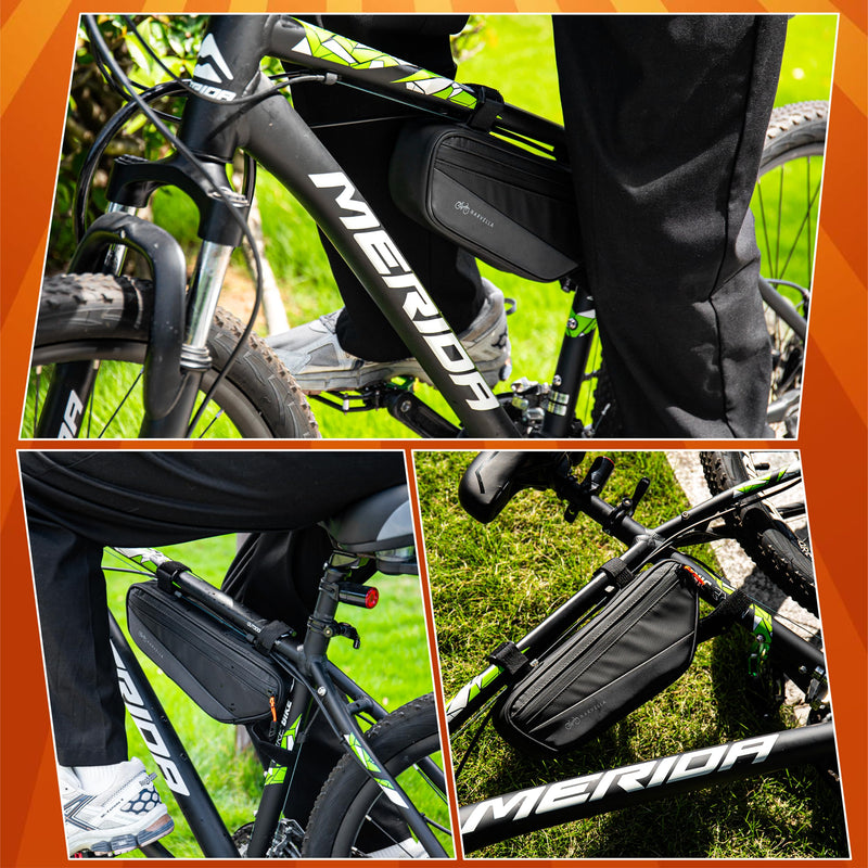 1.8L Bike Bicycle Frame Storage Bag with Tire pump & Bike Repair Kit – Waterproof Triangle Cycling Pouch with Pockets for Wallet, Phone, Tools, Keys for Adult Bikes, Mountain Bike, MTB Bike Frame Bag With Tool Set