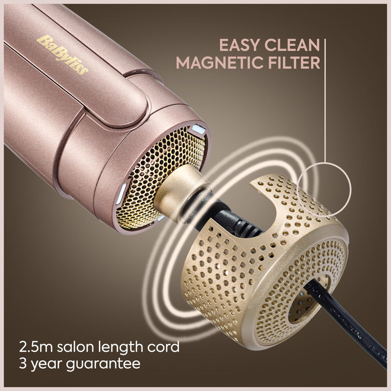 BaByliss Air Power Volume - 2-in-1 Hair Dryer and Styler, Wet and Dry Modes, Smoothing Blow Dryer Brush with 3 Temperature Settings, Ionic & Ceramic, Gold, AS95U