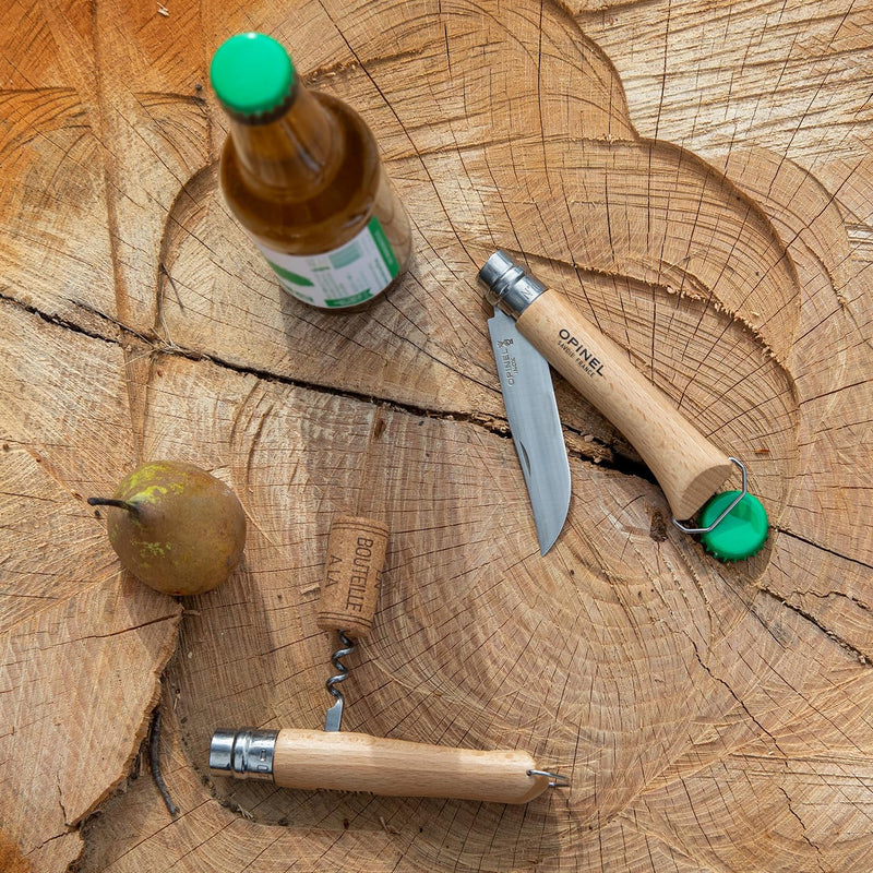 Opinel No. 10 Stainless Steel Corkscrew Wine and Cheese Folding Knife, Integrated Corkscrew + Bottle Opener, Beechwood Handle - Picnic Pocket Knife Made in France (Updated Version) Updated Version