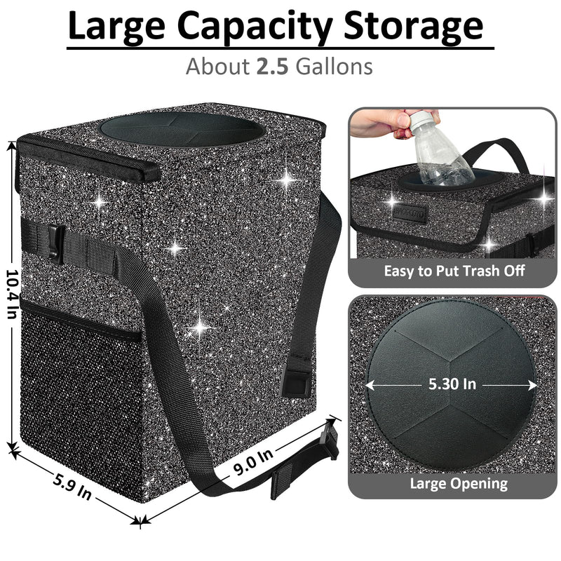 Cute Mini Car Trash Bag with Lid, Glitter Garbage Can Bin Hanging for Back/Front Seat/Console, Waterproof, Leakproof, 2.5 Gallon, Black Bling Sparkly