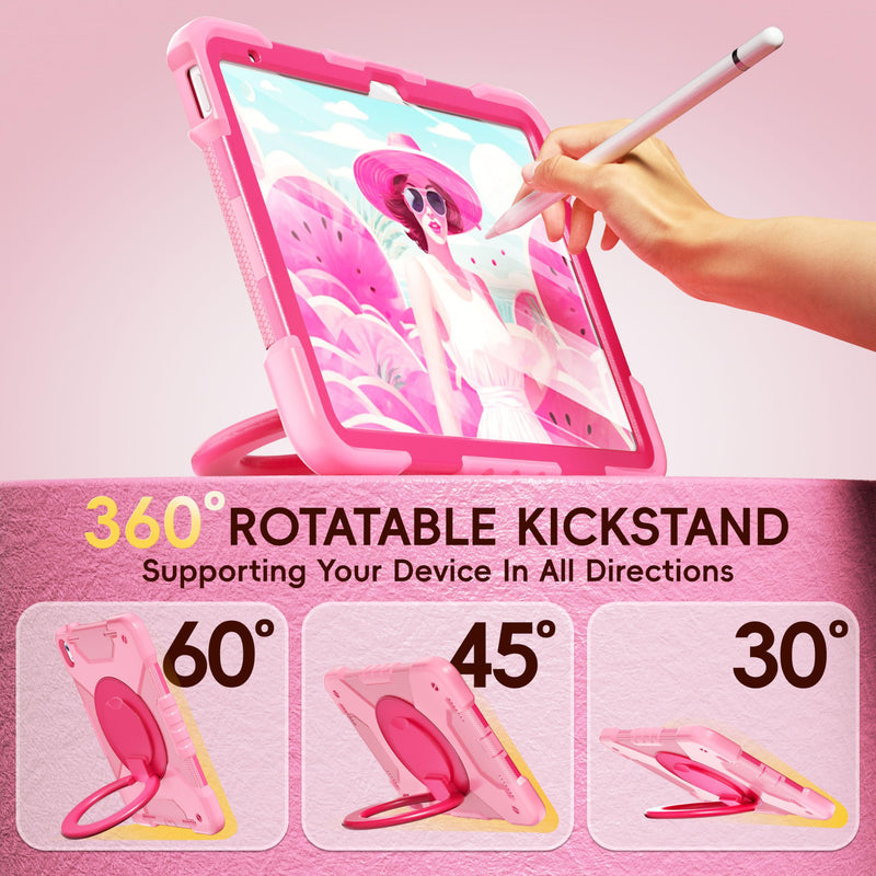Case for iPad (A16) 11th/10th Generation 11/10.9 Inch 2025/2022 with Screen Protector/360° Rotate Stand/Pencil Holder/Shoulder Strap, Shockproof iPad 11th/10th Gen Cover (Pink+Rose Red) Pink+Rose Red Case for iPad (A16) 11th/10th Generation