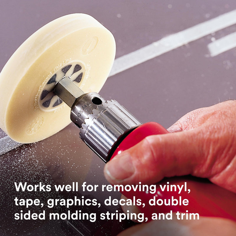 3M Stripe Off Wheel Adhesive Remover Eraser Wheel Removes Decals, Stripes, Vinyl, Tapes and Graphics 4” diameter x 5/8” thick 3/8-16 threaded mandrel 07498 Pack of 1 4 in x 5/8 in (Pack of 1)