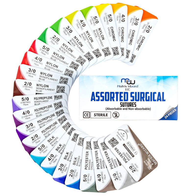 Mixed Sutures Thread with Needle (Absorbable: Chromic Catgut; Non-Absorbable: Nylon, Silk, Polyester, Polypropylene) - Surgical Wound Practice Kit, Emergency First Aid Demo (2-0, 3-0, 4-0, 5-0) 24PK