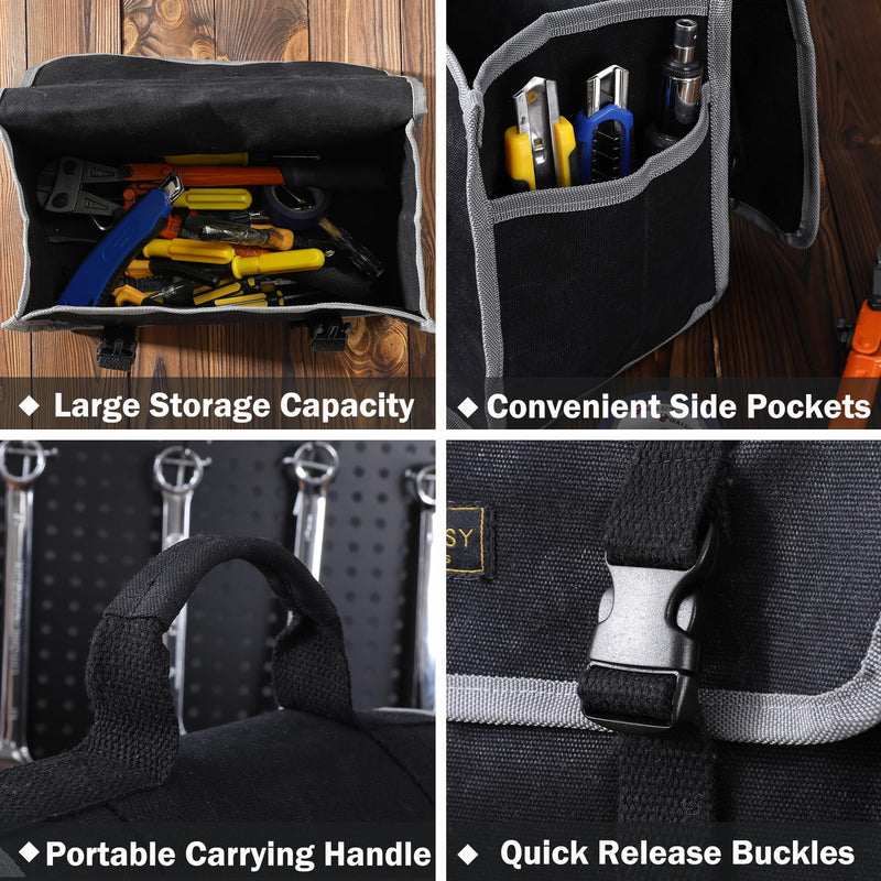 Tool Organizer Bag | 1 Large Pocket Storage Pouch & 2 Side Pockets & Canvas Handle, Heavy Duty 16oz Waxed Canvas Tote Bag, Reusable Tool Carrier for Hand Tools - 11.5"L x 6"W x 7.5"H - Black