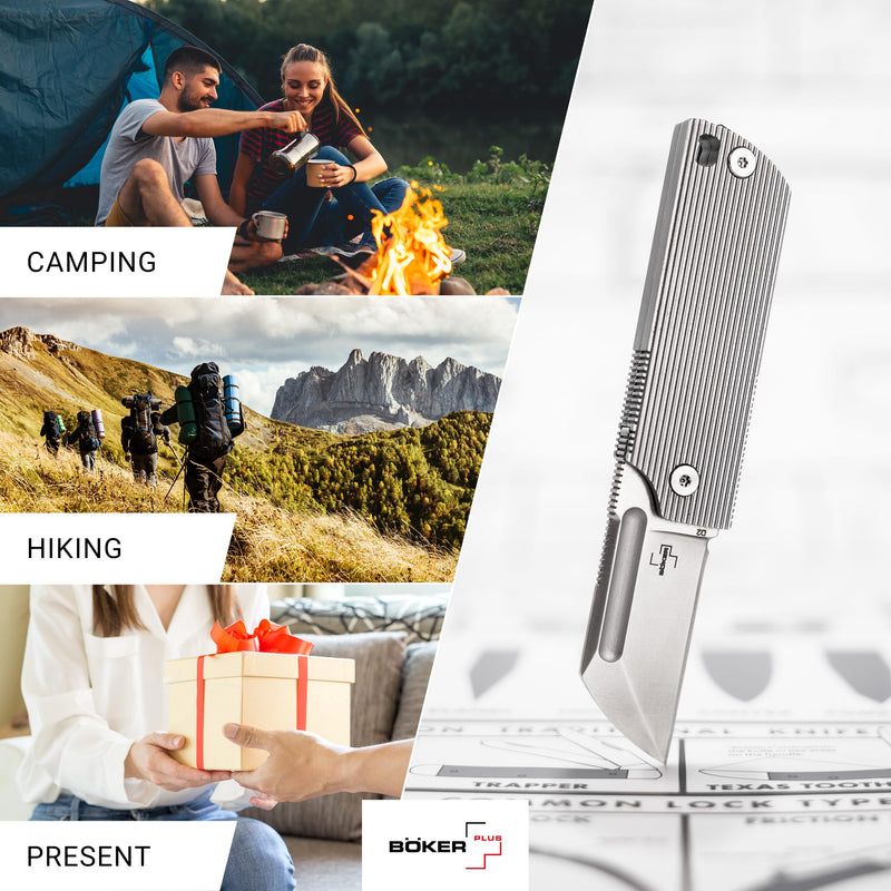 BOKER PLUS BabyX Flipper Steel – Ball-Bearing EDC Mini Pocket Knife with D2 Sheepfoot Blade – Small One-Hand Folding Knife with Stainless Steel Handle and Clip – Pocket Knife in Gift Box