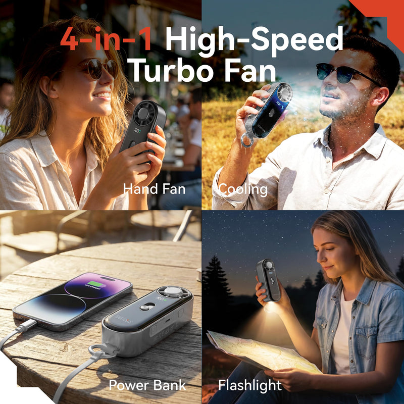 SEIGA Metal Handheld Fan with Cooling Plate,10000mAh Power Bank | 16500 RPM Motor,100 Speeds,22.5W Fast Charging,Retractable USB-C Cable,LED Flashlight,Portable Design Black