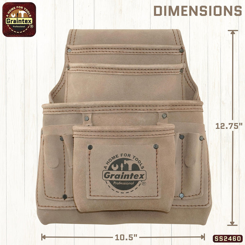 Graintex 10 Pocket Nail & Tool Pouch, Premium Quality Suede Leather Tool Bag for Constructors, Electricians, Plumbers, Handymen, HVAC Tools, Professional Organizer with Adjustable Fit Beige