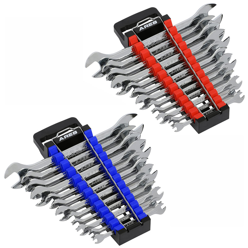 ARES 62043 – 2-Piece Wrench Rack Set with Locking Bar - SAE Rack Holds 1/4-Inch to 1-Inch Sizes - Metric Holds 6 to 25mm Sizes – Locking Metal Clip Secures Wrenches 2-Piece Magnetic Wrench Rack with Locking Bar Red & Blue