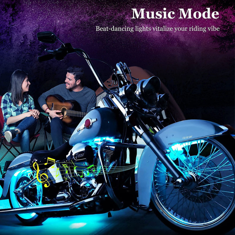 8PCS RGB Motorcycle LED Underglow Kit, App Control Dual Remote Multi-Color IP68 Waterproof Music Sync Accent Light with Brake Turn Signal for Harley Honda Golf Cart 8PCS