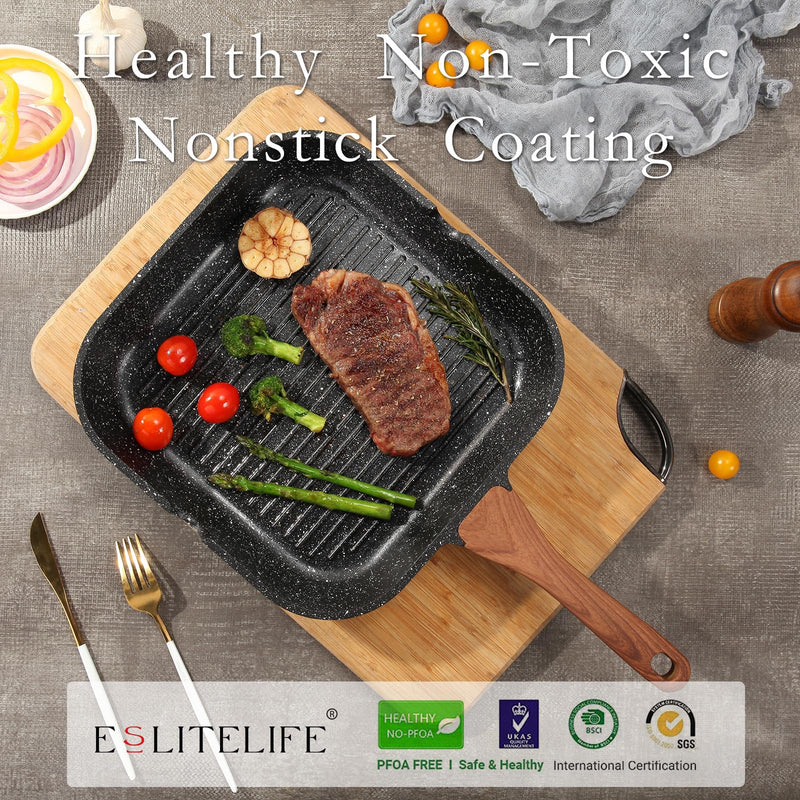 ESLITE LIFE Nonstick Grill Pan for Stove Tops, Versatile Griddle with Pour Spouts, 9.5 Inch Square Big Grilling Skillet Steak Pan for Indoor & Outdoor Cooking, PTFE & PFOA Free, Black 9.5" w/No Accessories