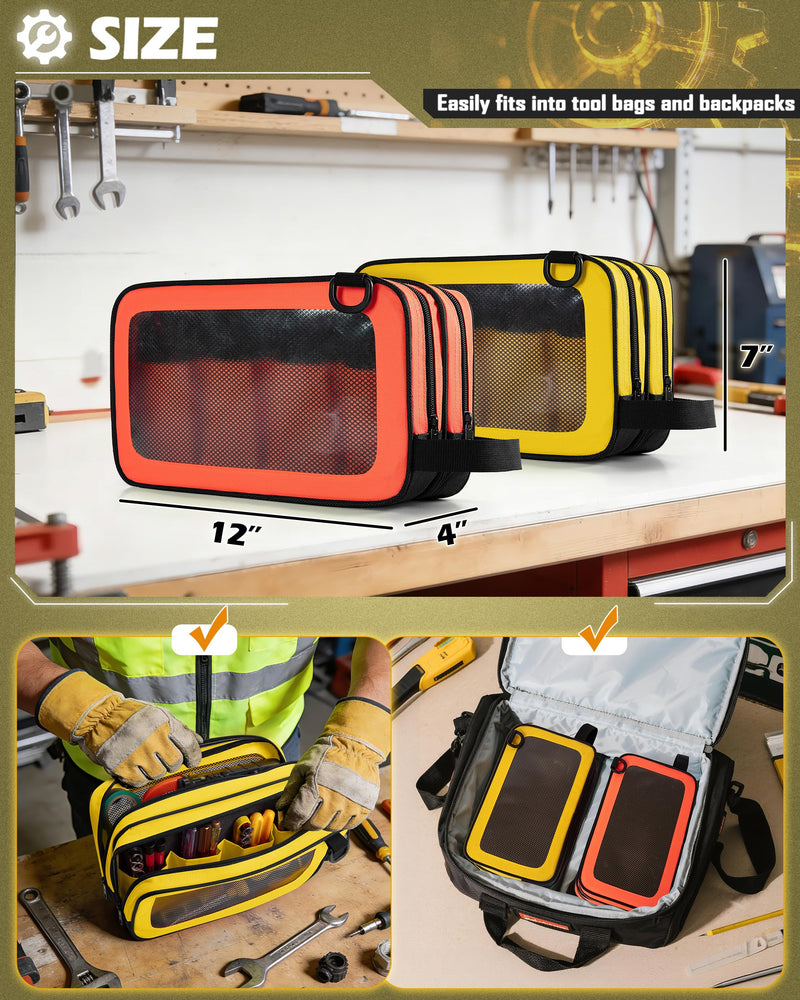 Marscamd 2 Pack Tool Pouch with Dual Compartments, 12” Tool Bag with Detachable Shoulder Strap, Carry Handle and Translucent Window, Orange-red/Yellow Orange-red and Yellow