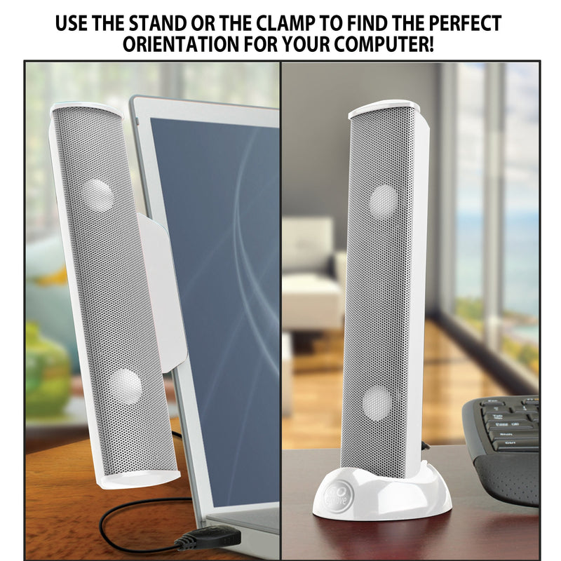 GOgroove SonaVERSE USB Speakers for Laptop Computer - USB Powered Mini Sound Bar with Clip-On Portable External Speaker Design for Monitor, One Cable for Digital Audio Input and Power (White) White