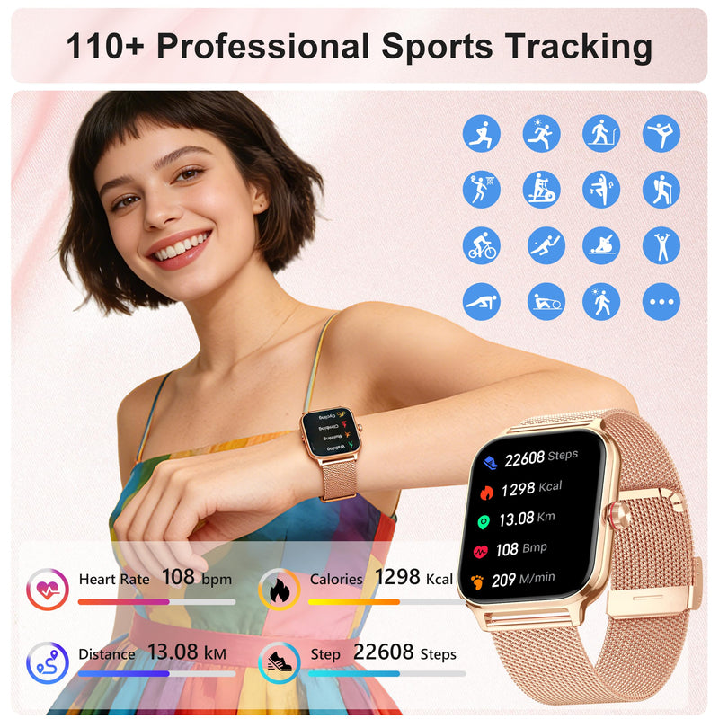 Smart Watch Women Men, Answer/Make Call, 1.96'' Fitness Tracker with Blood Pressure, HR, Sleep Monitor, 110+ Sport Modes Reloj Inteligente para Mujer Smartwatch Compatible with iPhone/Samsung/Android Rose Gold