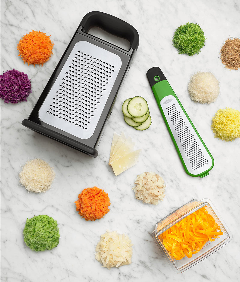 OXO Good Grips Etched Box Grater with Removable Zester | Ideal for Grating Cheese or Zesting Fruits | Storage Container Included | 4 Sided Grater | Comfortable Handle Box Grater with Removeable Zester