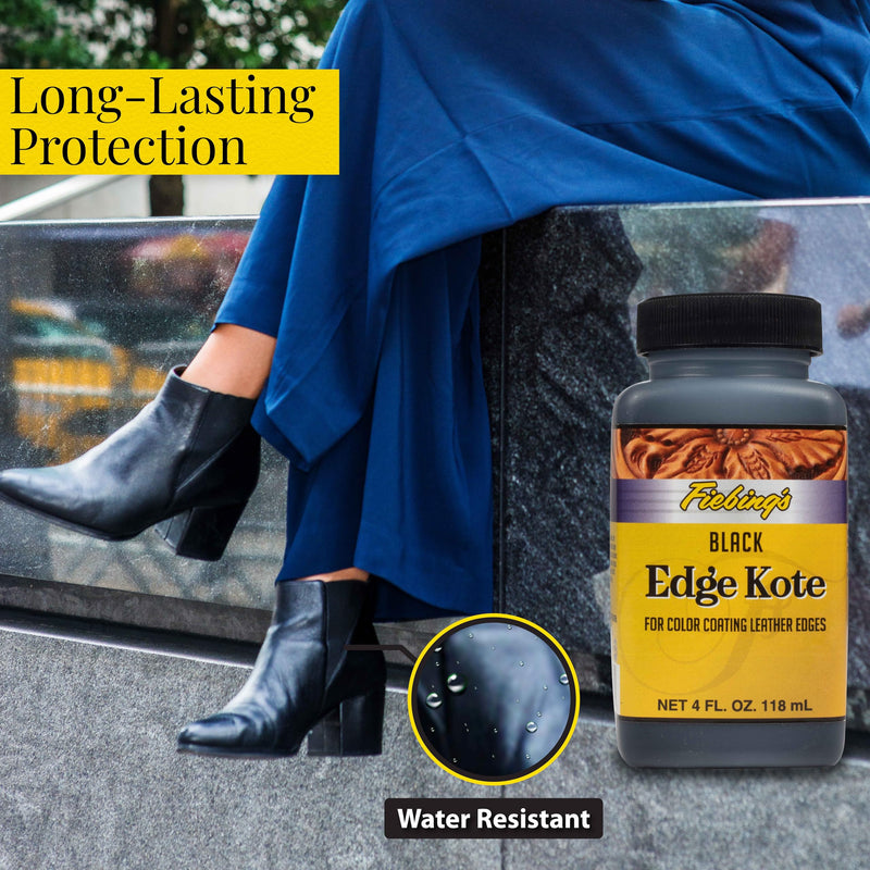 Fiebing's Edge Kote (4oz, Black) - Leather Edge Paint for Shoes, Furniture, Purses, Couches, Belts - Flexible, Water Resistant, Semi Gloss Color Coating Leather Dye to Protect Natural Edges