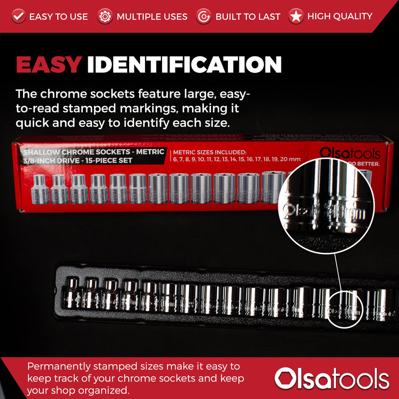 Olsa Tools Metric Shallow Socket Set - 3/8-Inch Drive, 15pc - 6-Point Chrome Sockets from 6mm–20mm and No Skipped Sizes - Mechanic Shallow Metric Socket Set - Professional Grade Sockets - Part: 1331 15pc, 3/8-Inch Drive