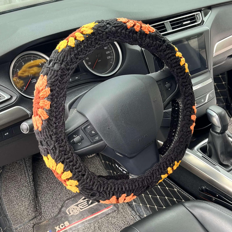 Boho 14-15 in Crochet Steering Wheel Cover Set, Handmade Black Sunflower Granny Square Pattern Car Decor for Women, Hippie Car Accessories A Wheel Cover