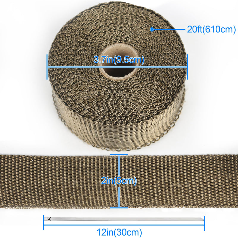 Titanium Exhaust Heat Wrap, 2" x 20' Heat Shield Tape with Stainless Ties for Motorcycle Gold