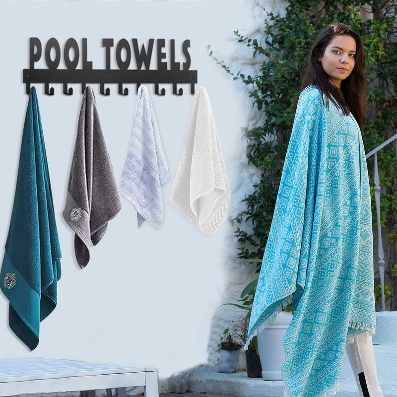 Pool Towel Rack Large Size 10 Hooks for Bathroom Wall Mount Towel Hooks Towel Holder Carbon Steel Hanger Organizer Indoor Outdoor for Robe, Towel, Coat, Swimsuit, Umbrella, Bag, Keys(Black 32Inch-10Hooks Black-Pool Towels