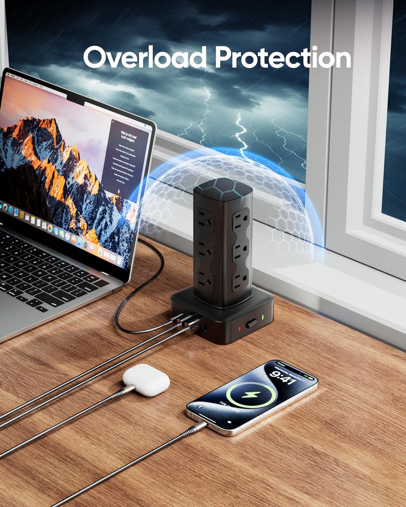 Power Strip Tower, 100W USB Charging Station Tower 12 AC Outlets | 8 USB Ports (4 USB C), 6 Ft Flat Plug Extension Cord with Multiple Outlets, Home Office Dorm Room Essentials, Black