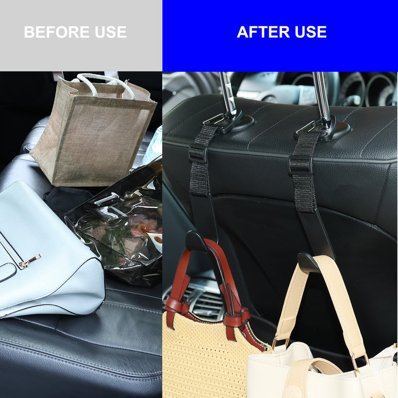 Amooca Headrest Hooks for Car Adjustable 4 Pack Vehicle Seat Back Organizer Storage Hanger Holder for Purse Bags Universal Fit with Clip Black