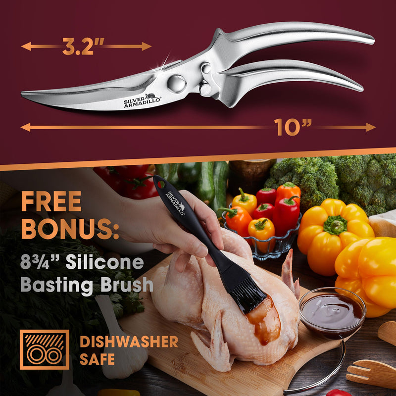 Heavy duty poultry shears, Kitchen Scissors for Bone, Chicken, Meat, Fish, Seafood and Vegetables, Spring Loaded food shear (Stainless Steel handles) Silver