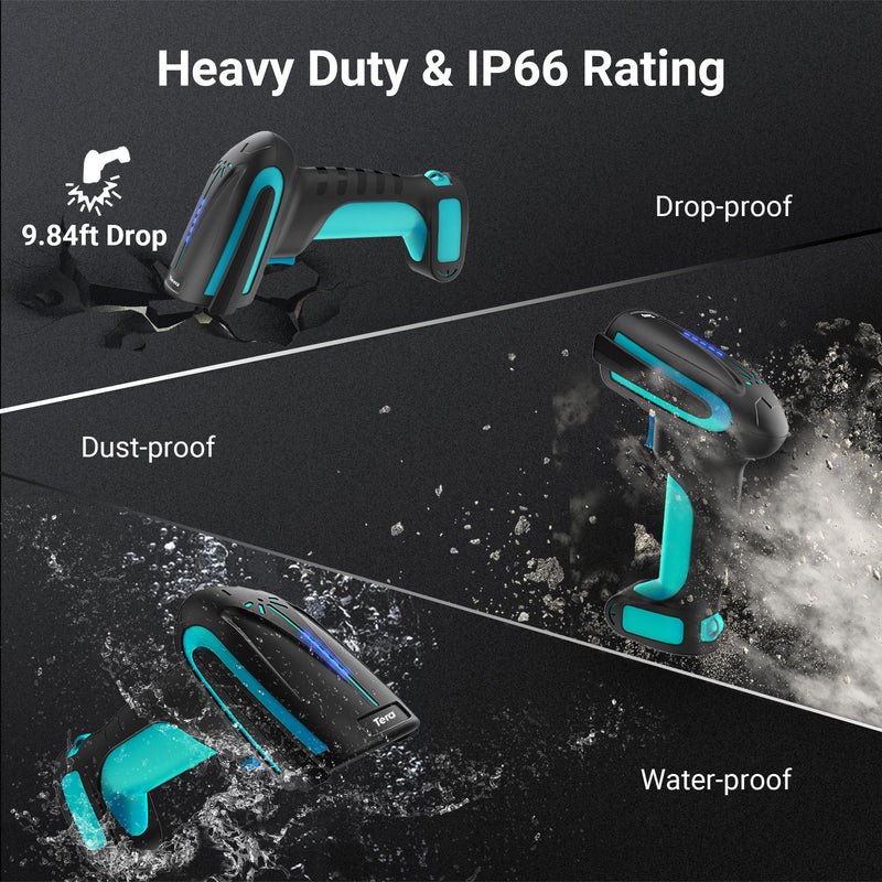 Tera Barcode Scanner Wireless 2D QR with Stand: Pro Version Battery Level Indicator 2500mAh Industrial Grade Bar Code Reader Works with Bluetooth 2.4G for Windows Mac Android iOS 8100 Pro Blue